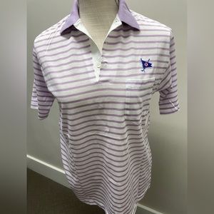 Crosscreek men’s lavender, purple, striped polo shirt, size medium.